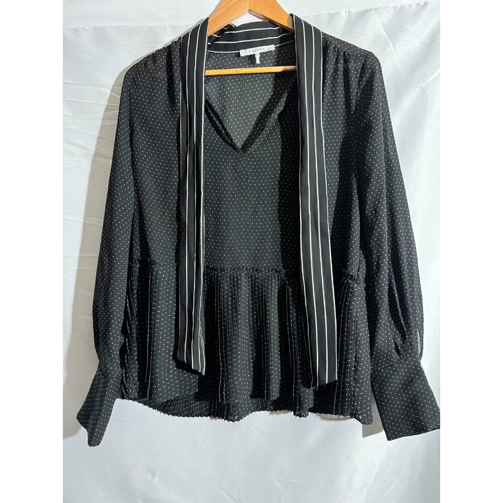 FRAME Top Black/White Polka Dot Pleated Peplum Blouse Shirt Women's M
